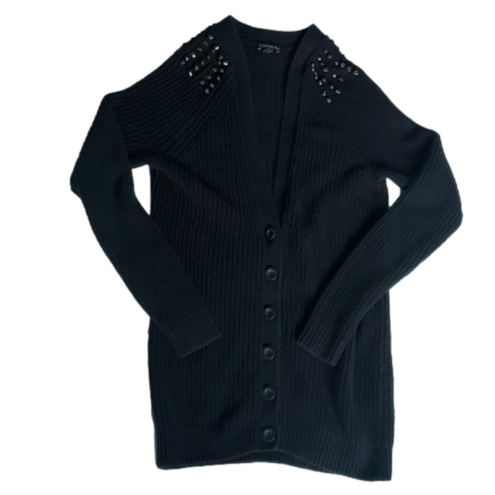 EXPRESS Knitted Buttoned Cardigan w/ Studs, Studded Shoulders